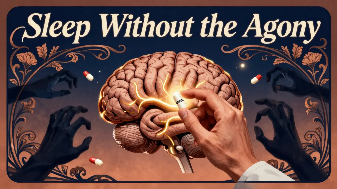 Neurologist's hand placing safe pill into brain as dopamine flows golden, while harmful antihistamines recede.