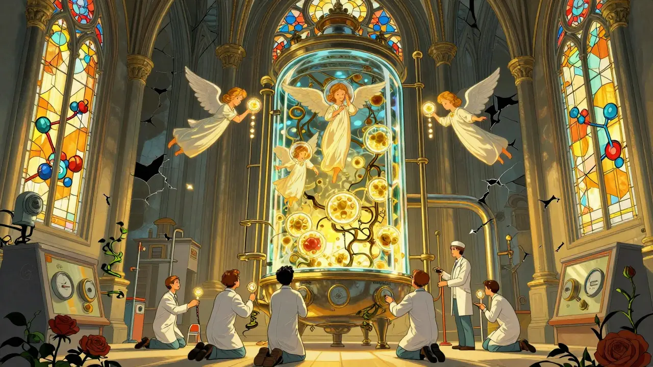 Ornate bioreactor cathedral with glowing cells and sugar chains, representing scale-up challenges in biosimilar production.