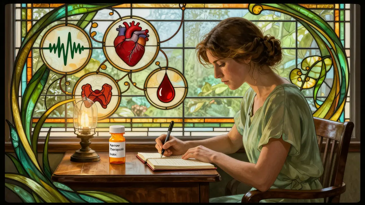 Patient journaling with floating medical icons connected by vines to a prescription bottle.