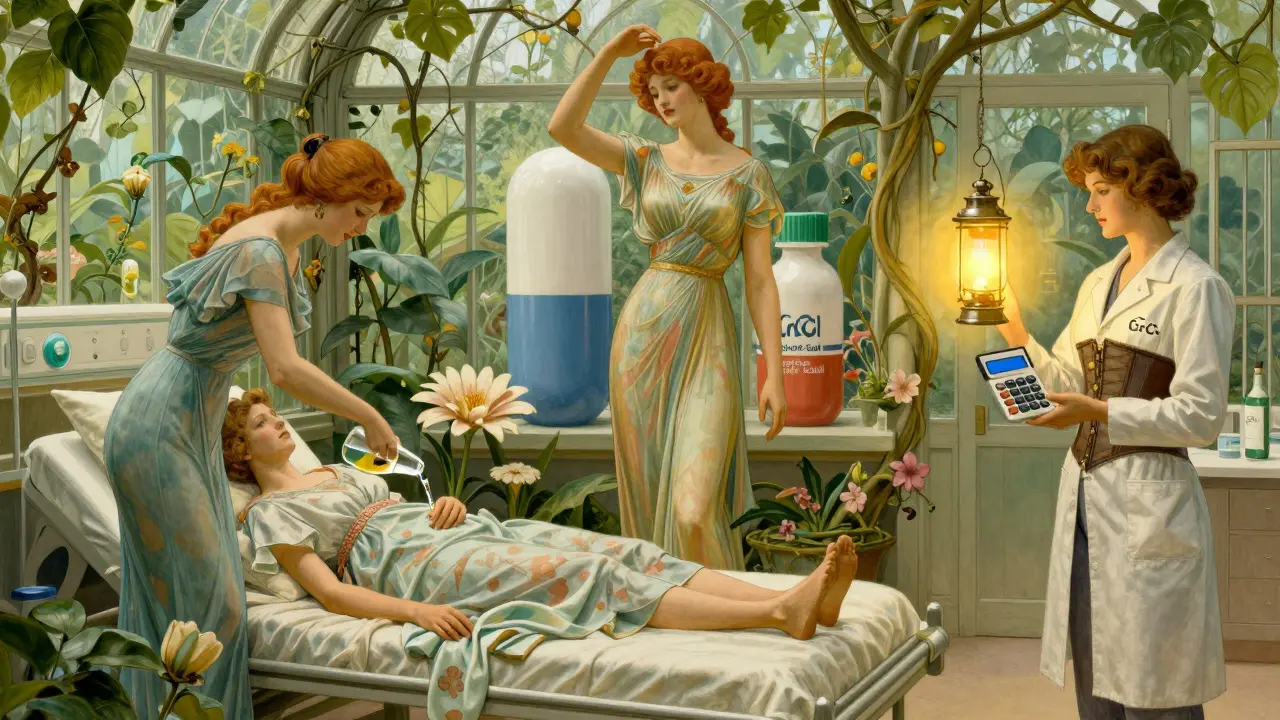 Personified antibiotics as elegant women in a greenhouse ward, with a pharmacist using a CrCl calculator under Art Nouveau decor.
