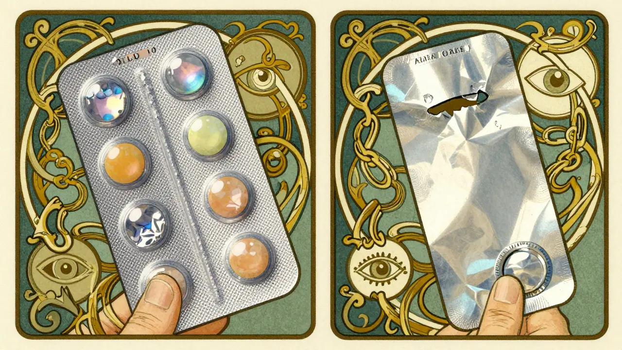 Pharmacist comparing real and fake pill packs with hologram and seal details, surrounded by warning vines.