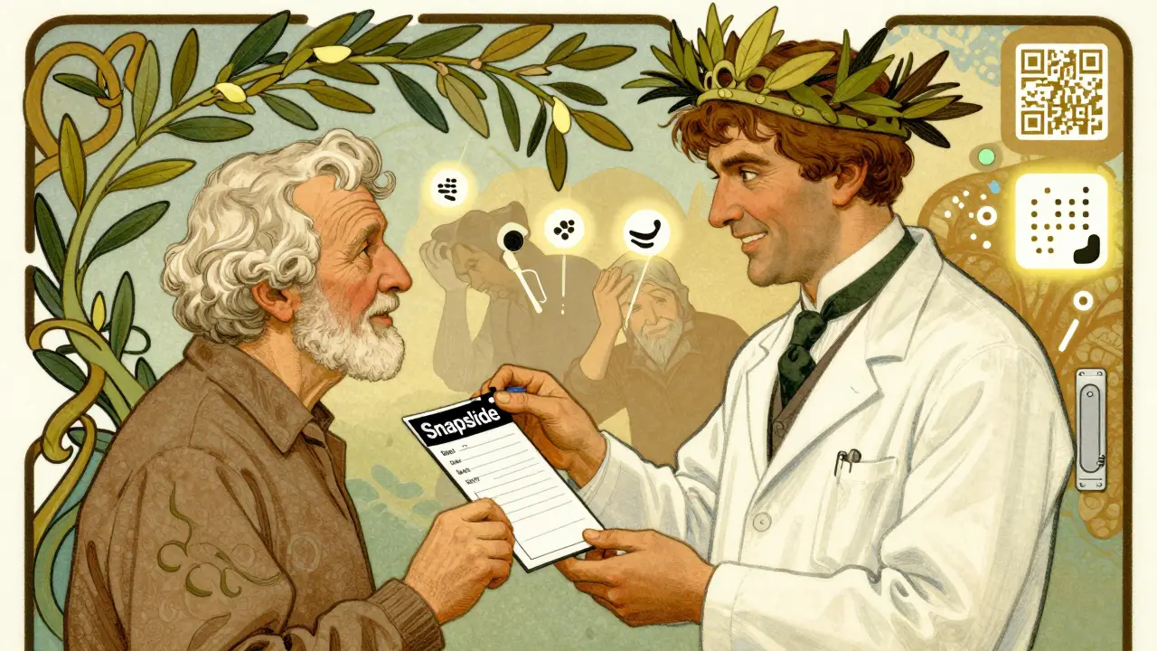Pharmacist handing accessible prescription to senior, with vines forming a crown of accessibility icons.