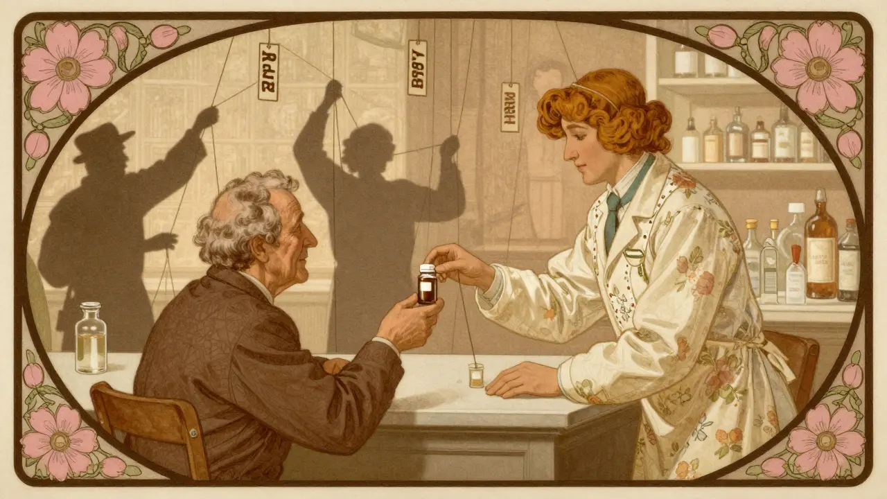 Pharmacist hands a pill bottle to an elderly patient as shadowy figures control price tags with strings.