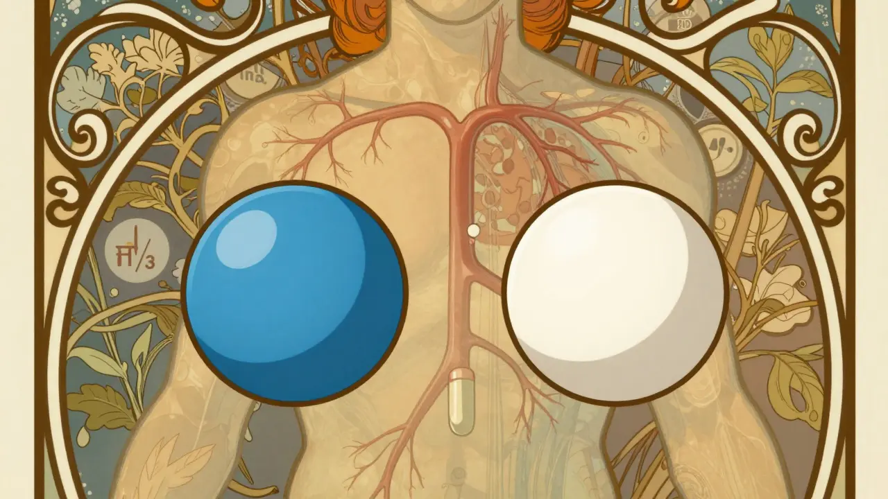 Pharmacist showing two differently colored pills with abstract blood flow and health icons in ornate border.