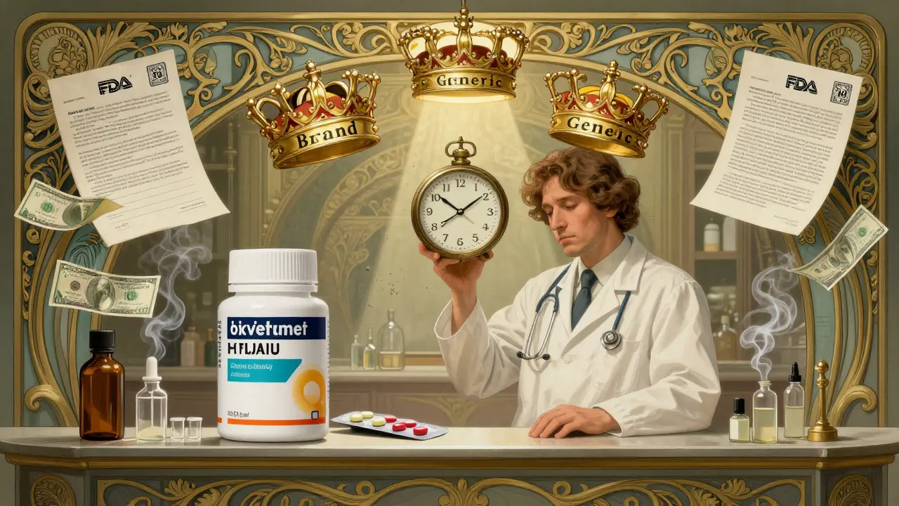 Pharmacist watching a fading 180-day clock as identical pills sit side by side, surrounded by legal and financial motifs.