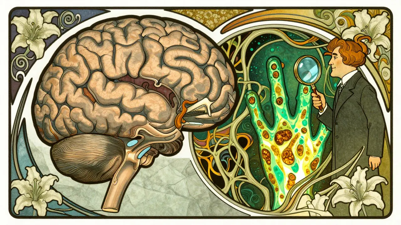 Split-brain illustration showing healthy tissue and MS lesions in Art Nouveau stained-glass style with neural vines.