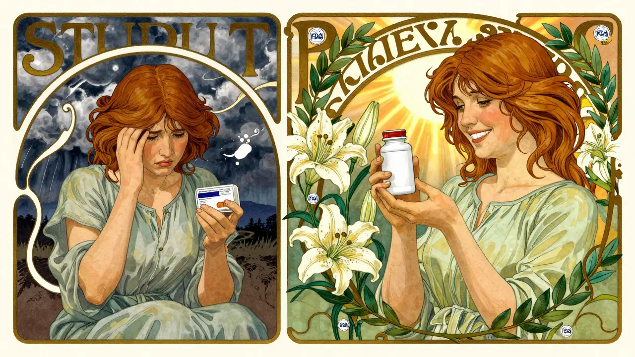 Split image: a worried patient on one side, a calm patient on the other, framed by blooming lilies and sunbeams.
