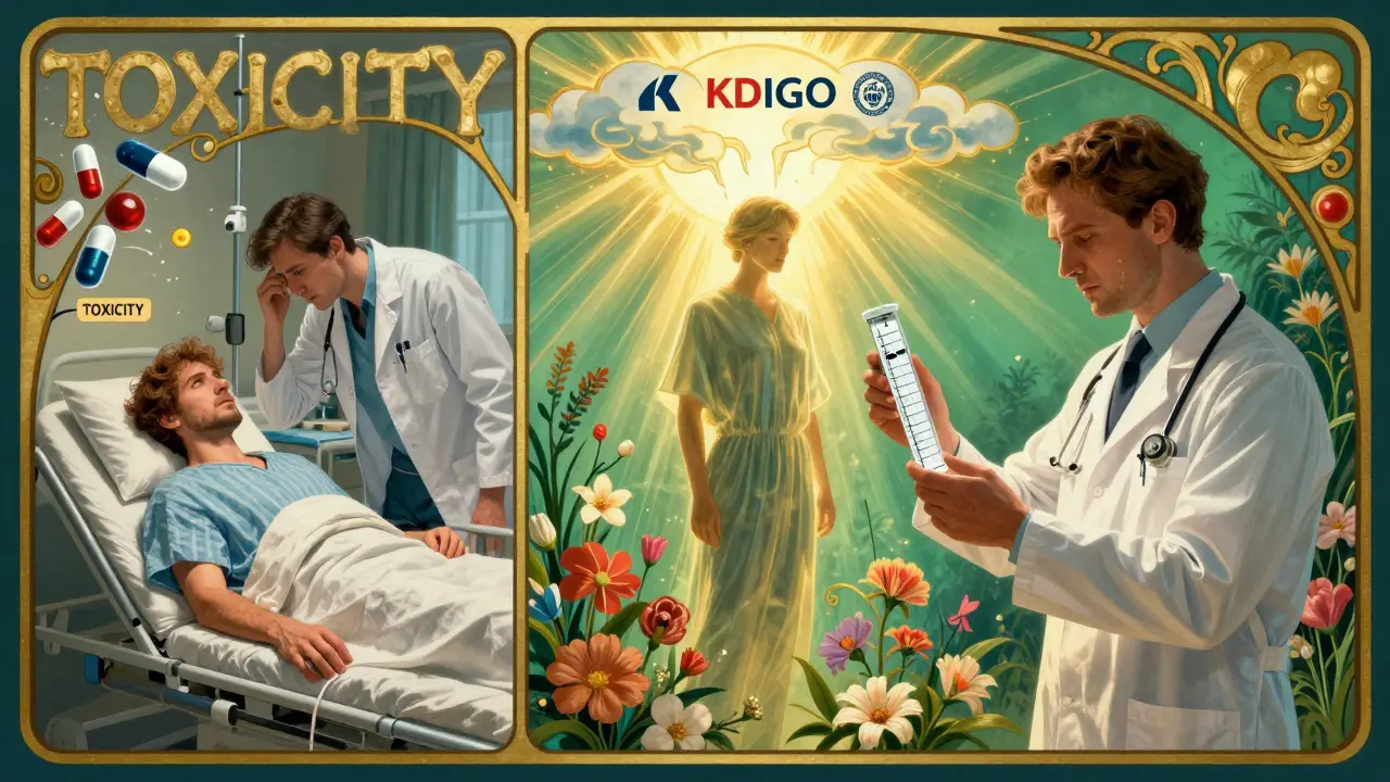 Split image: toxic drug overload vs. correct dosing with CrCl chart, in glowing Art Nouveau advertising style.