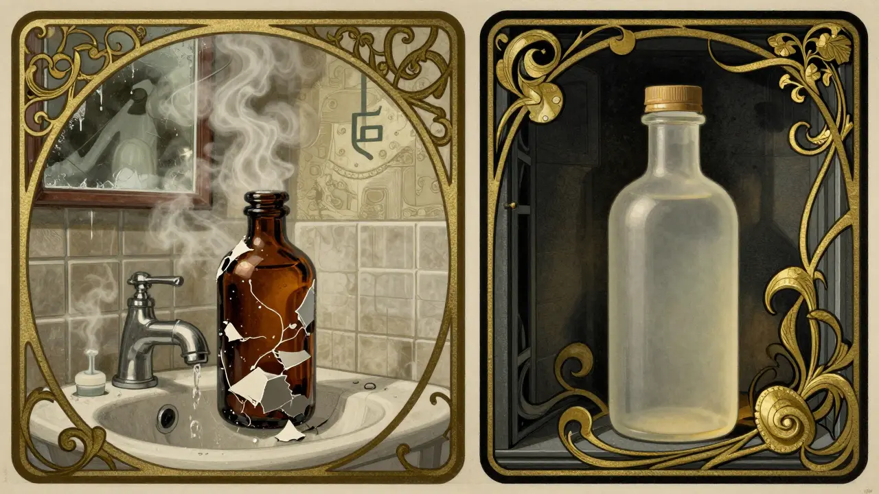 Split scene: medicine ruined in a steamy bathroom versus safely stored in a cool, dark cupboard with elegant vines.