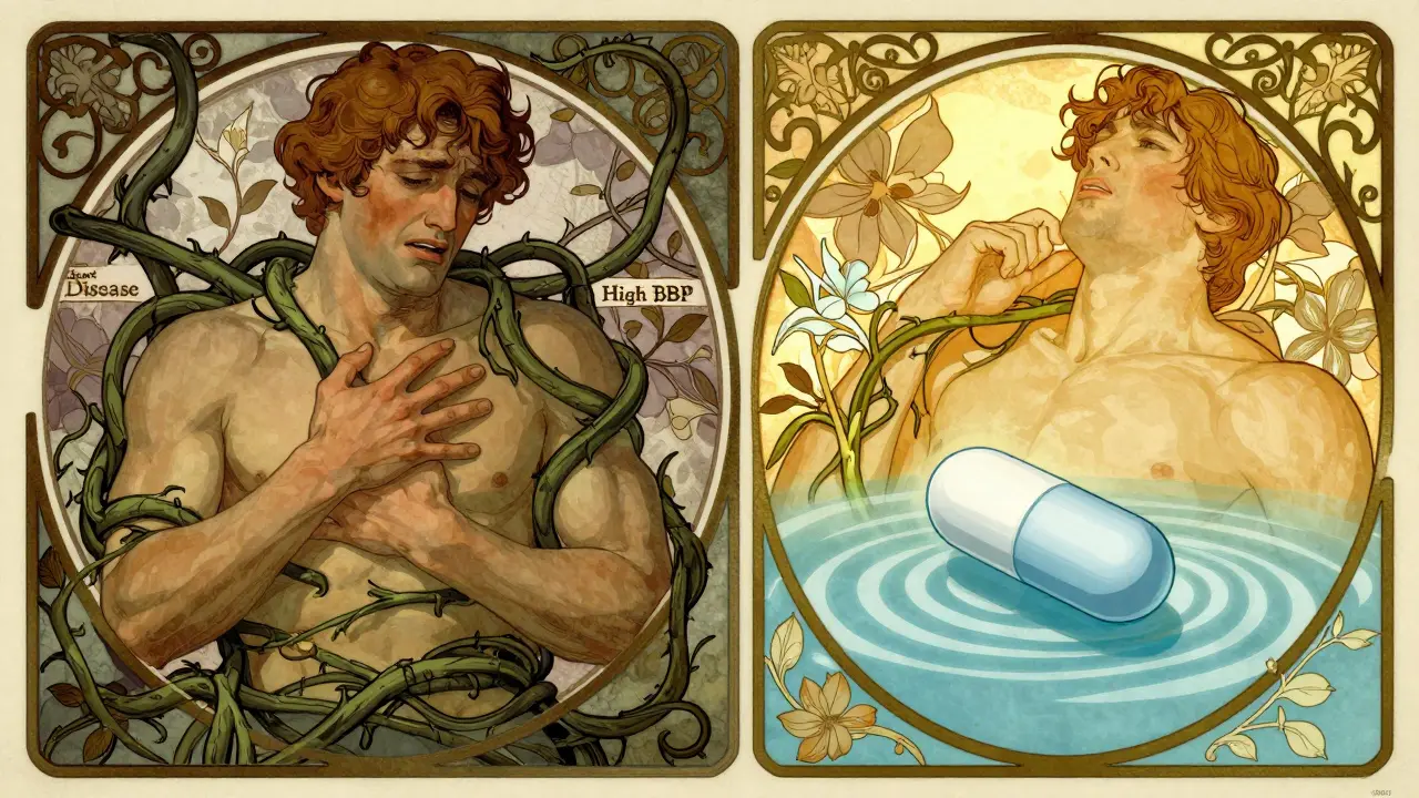 Split scene: one man in distress from heart risks, another relieved with safe migraine treatment