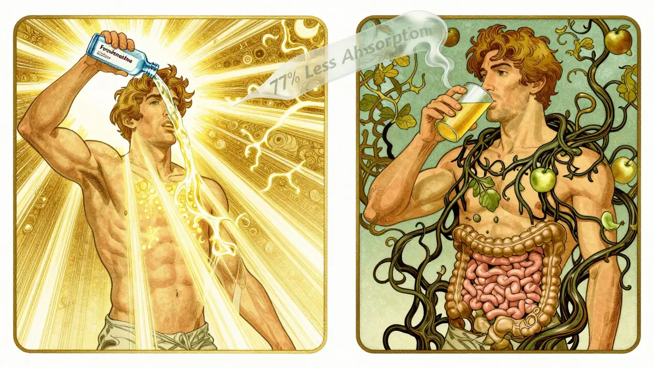 Split scene: one side shows medicine flowing in with water, the other shows juice vines blocking absorption.