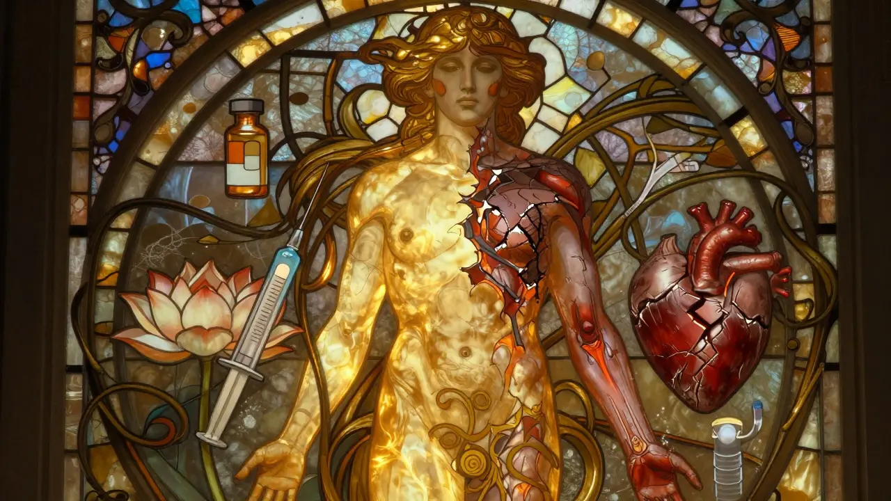 Symmetrical figure showing healthy and damaged joints, surrounded by medical icons in flowing Art Nouveau design.