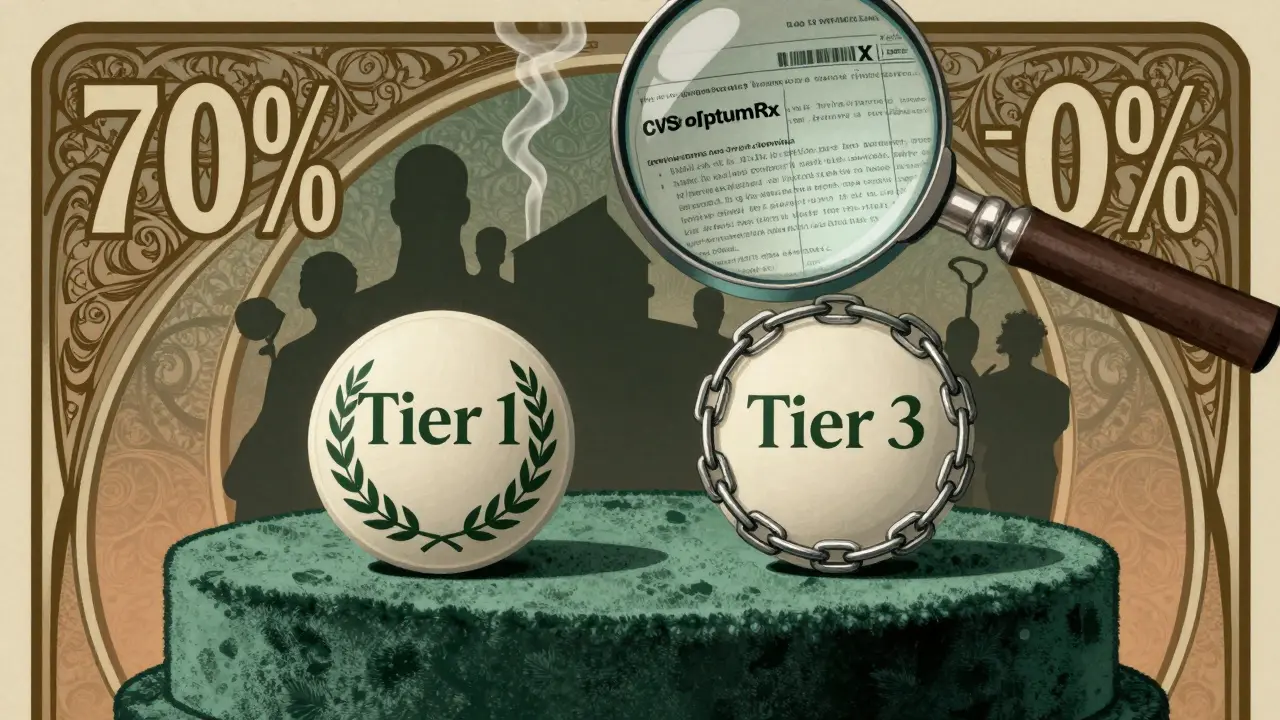 Two identical pills side by side, one cheap with laurels, the other expensive with chains and rebate numbers.