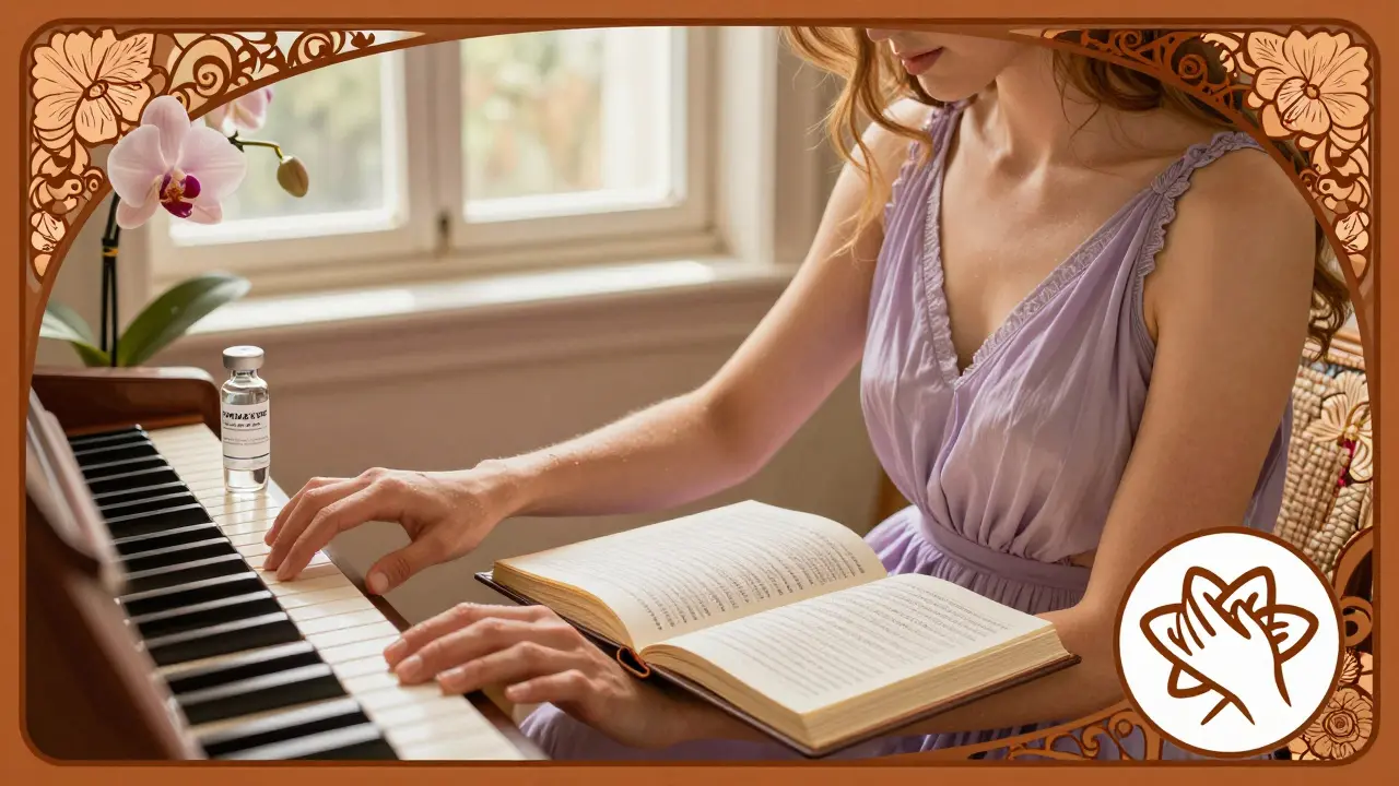 Woman playing piano with biosimilar vial and support symbols, in warm Art Nouveau tones suggesting hope and resilience.