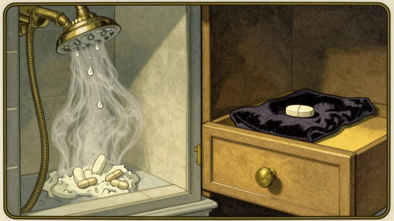 A bathroom cabinet with crumbling pills versus a safe bedroom drawer for medicine storage.