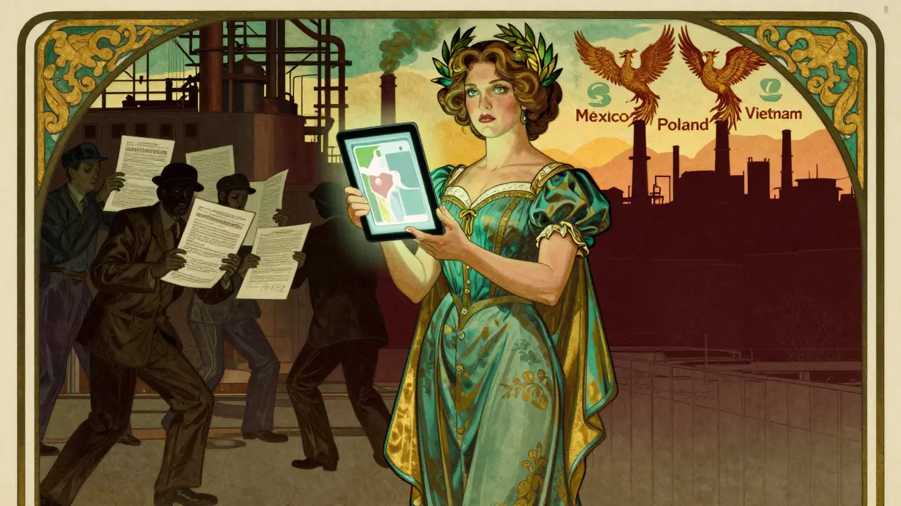 A female inspector with glowing technology exposing hidden defects, while factory owners flee, as new production hubs rise in the distance.