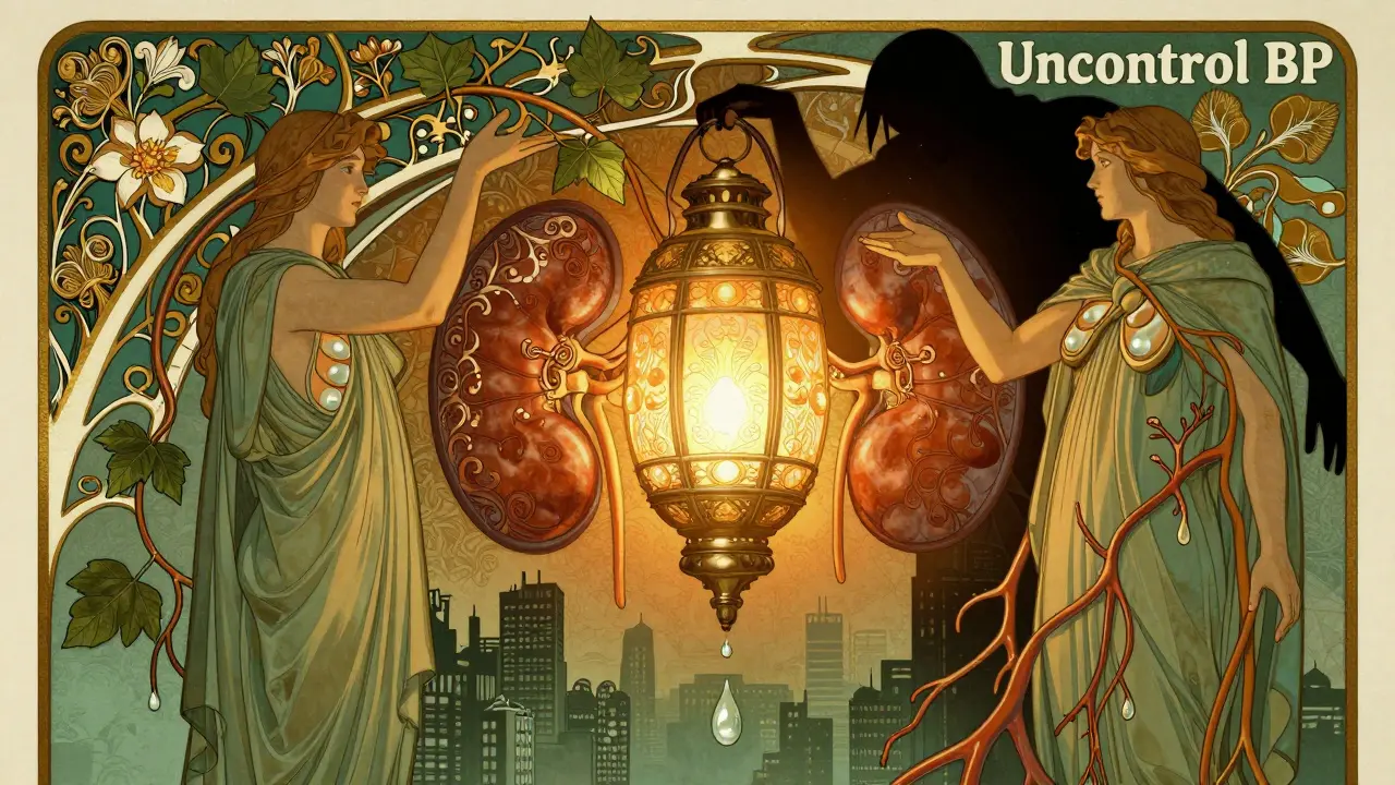 A glowing kidney lantern is shielded by two figures holding ACE and ARB plants, as blood vessels form a city below.
