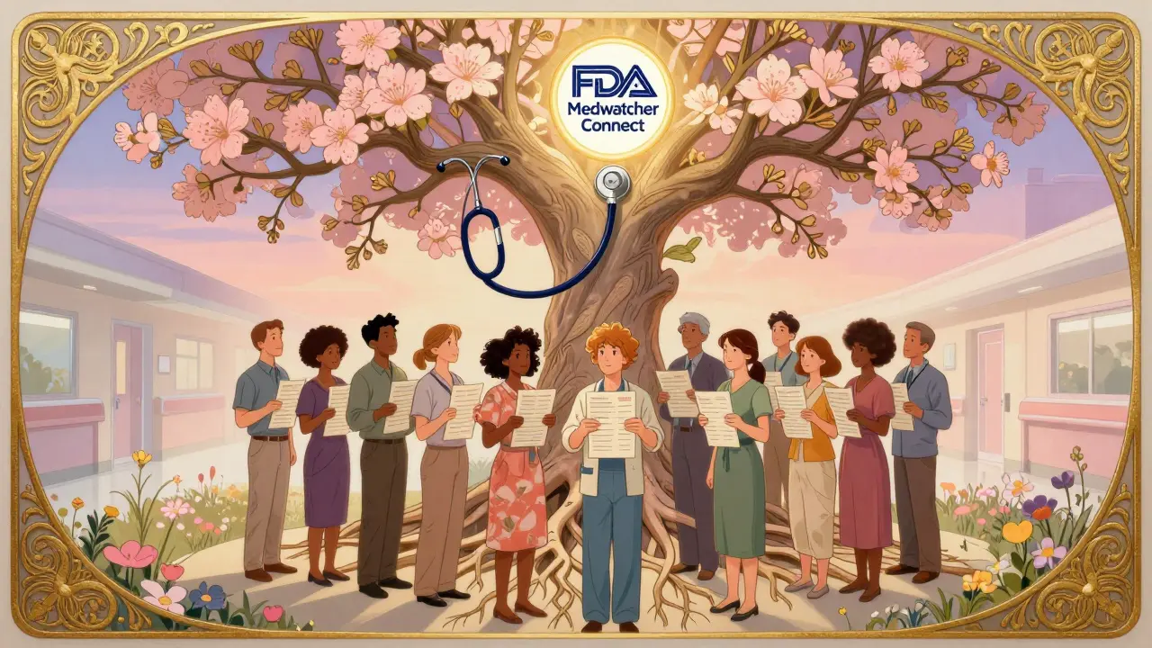 A group of patients stand united under a tree shaped like a stethoscope, with an FDA icon glowing above them in a dreamy dawn sky.