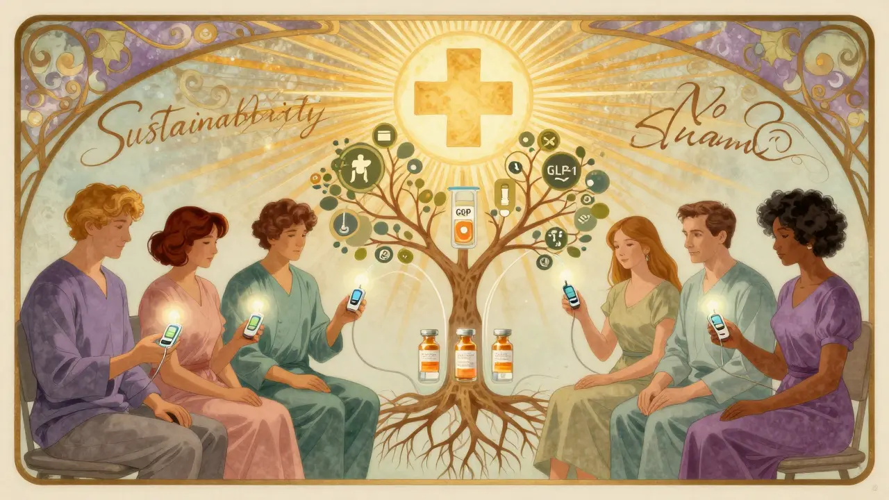 A group sits in a clinic with CGM devices connected to a tree of insulin and GLP-1 symbols, symbolizing balanced care.