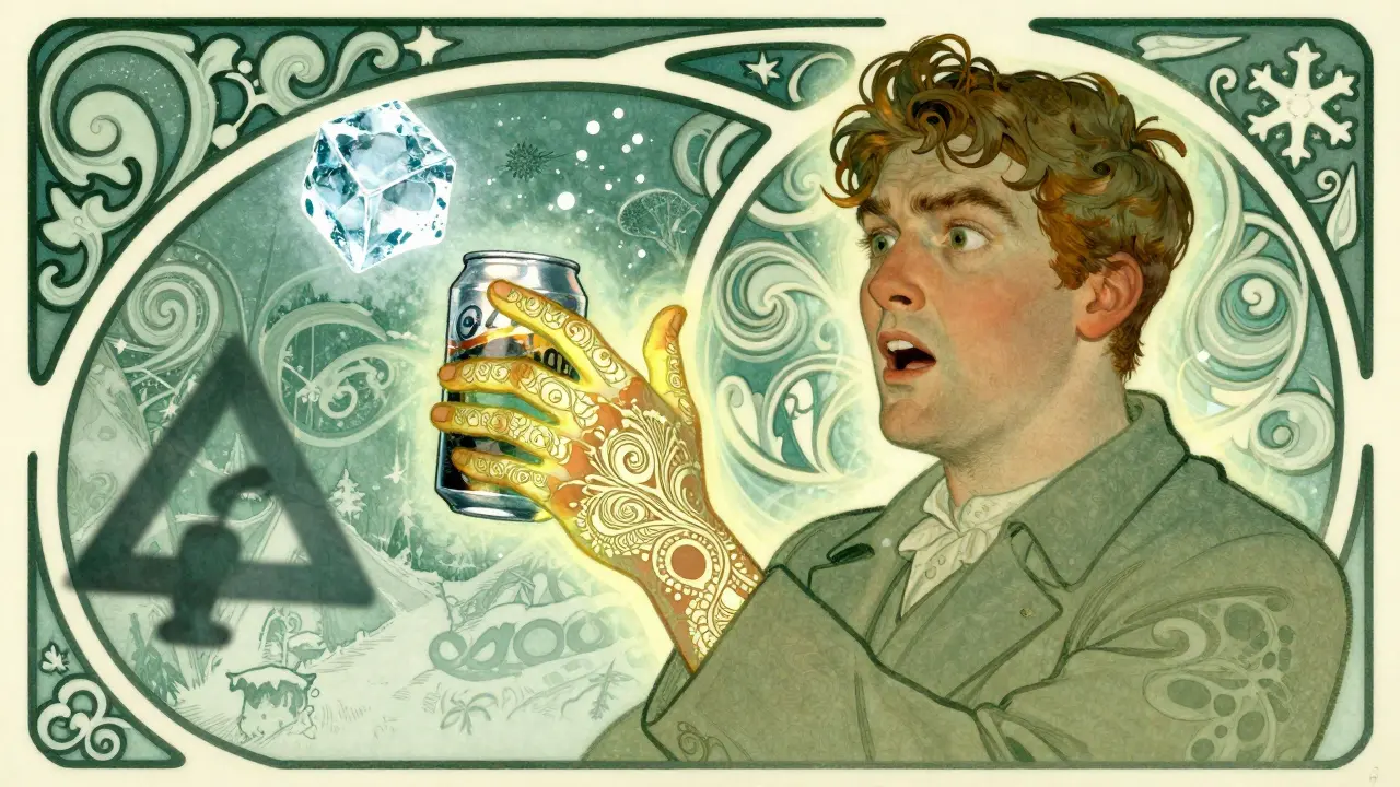 A man holding a cold soda, hives blooming as delicate floral patterns across his fingers.