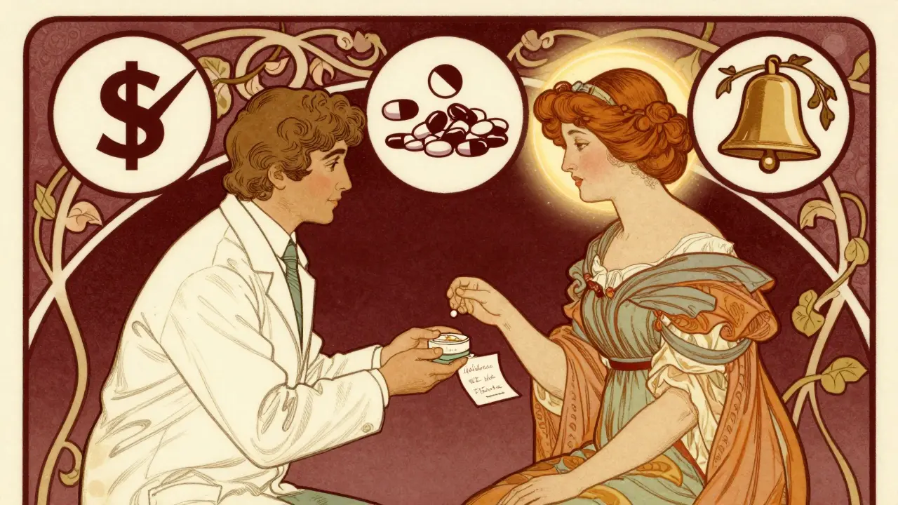 A pharmacist handing a patient a pill box with symbols of affordability and simplicity floating nearby.