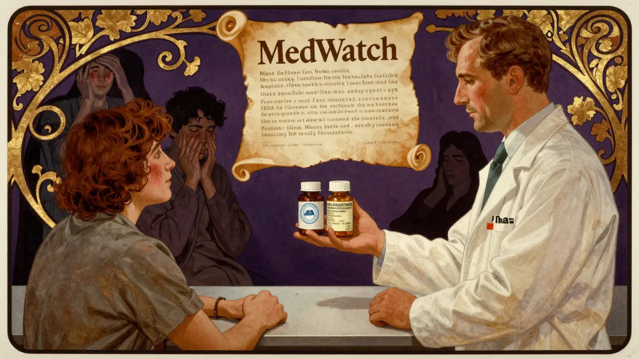 A pharmacist hands two pill bottles to a patient while shadowy side effects rise behind them in Art Nouveau poster style.