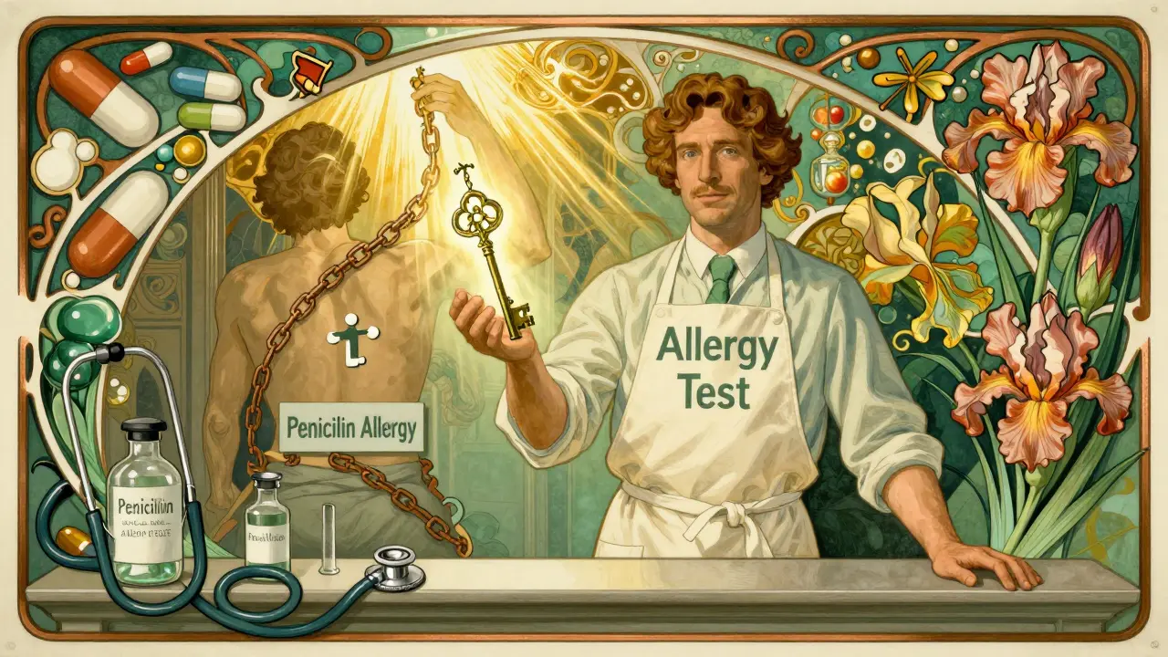 A pharmacist offering a glowing key labeled 'Allergy Test' as a patient breaks free from a mislabeled allergy chain, surrounded by floral and medicinal motifs in Art Nouveau design.