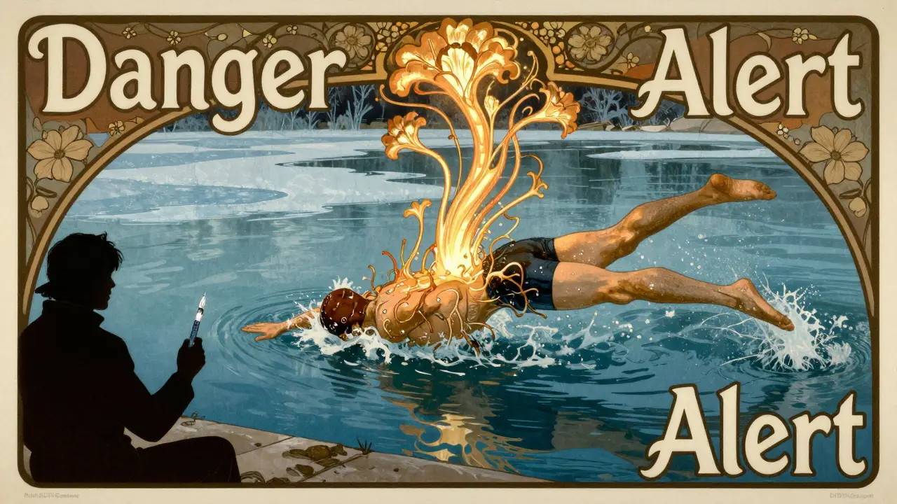 A swimmer in a cold lake with glowing hives rising like spectral flowers, aided by someone with an EpiPen.