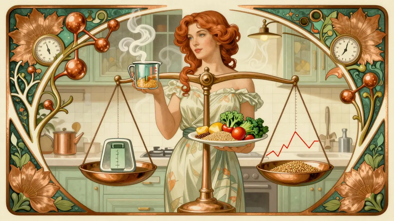 A woman in a kitchen holds healthy food as insulin and calorie patterns swirl around her in elegant Art Nouveau style.