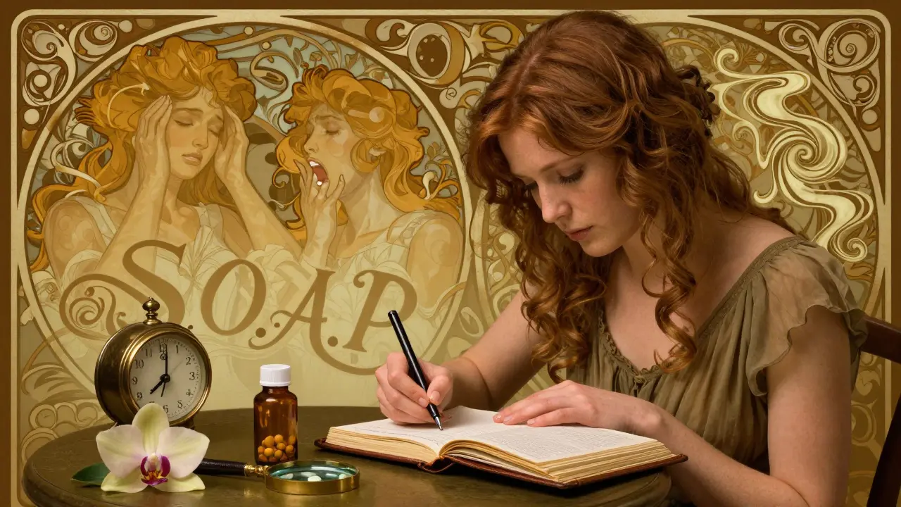 A woman logging symptoms beside a pill bottle, with floating images showing the difference between mild side effects and severe allergic reactions in ornate Art Nouveau style.