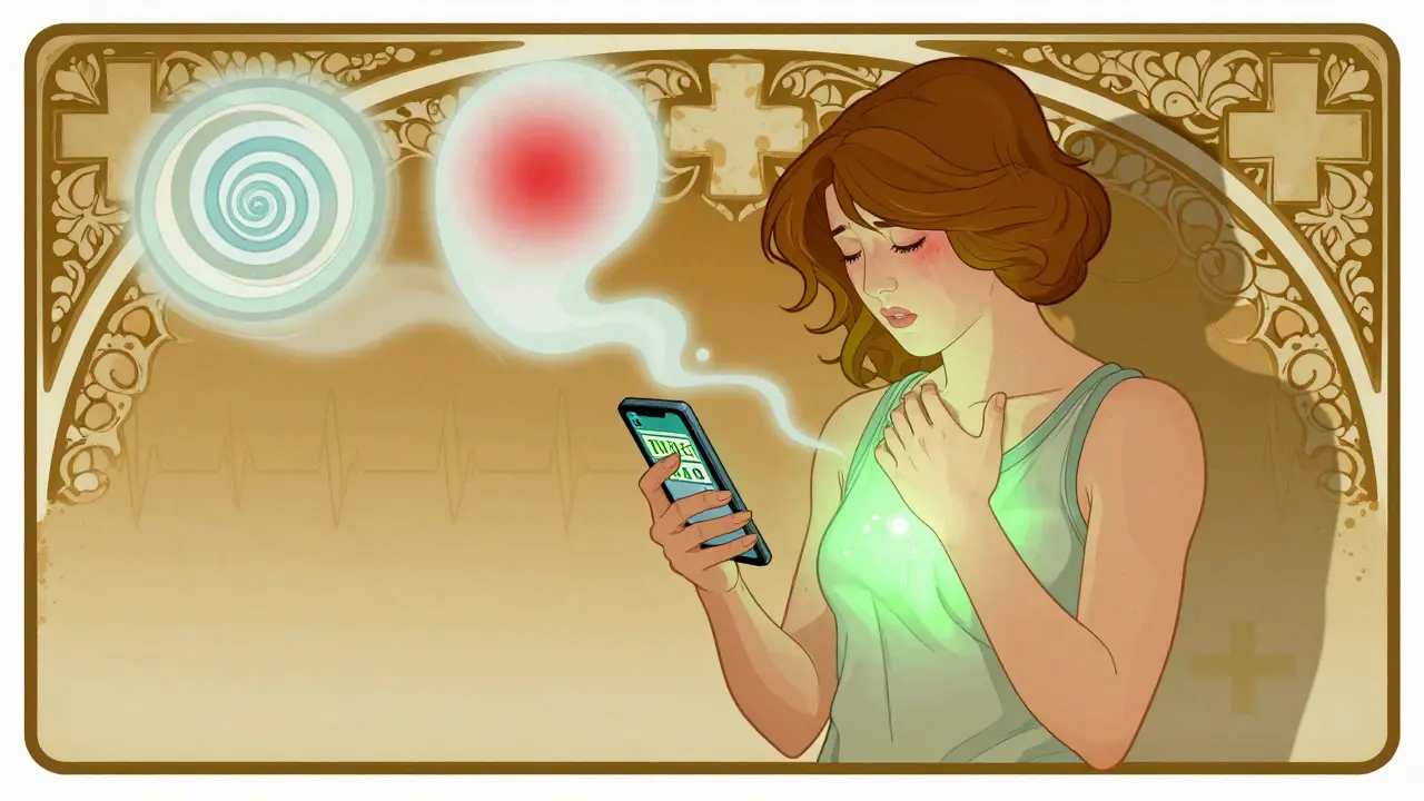 A woman logs side effects on her phone as troubling symptoms fade away, replaced by healing light and ornate botanical patterns.