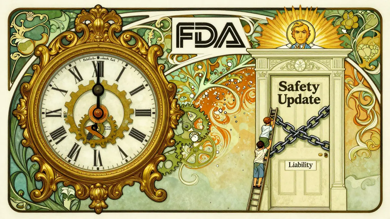 An ornate clock with regulatory labels is blocked by a liability chain as tiny patients struggle to reach safety in Art Nouveau allegory.