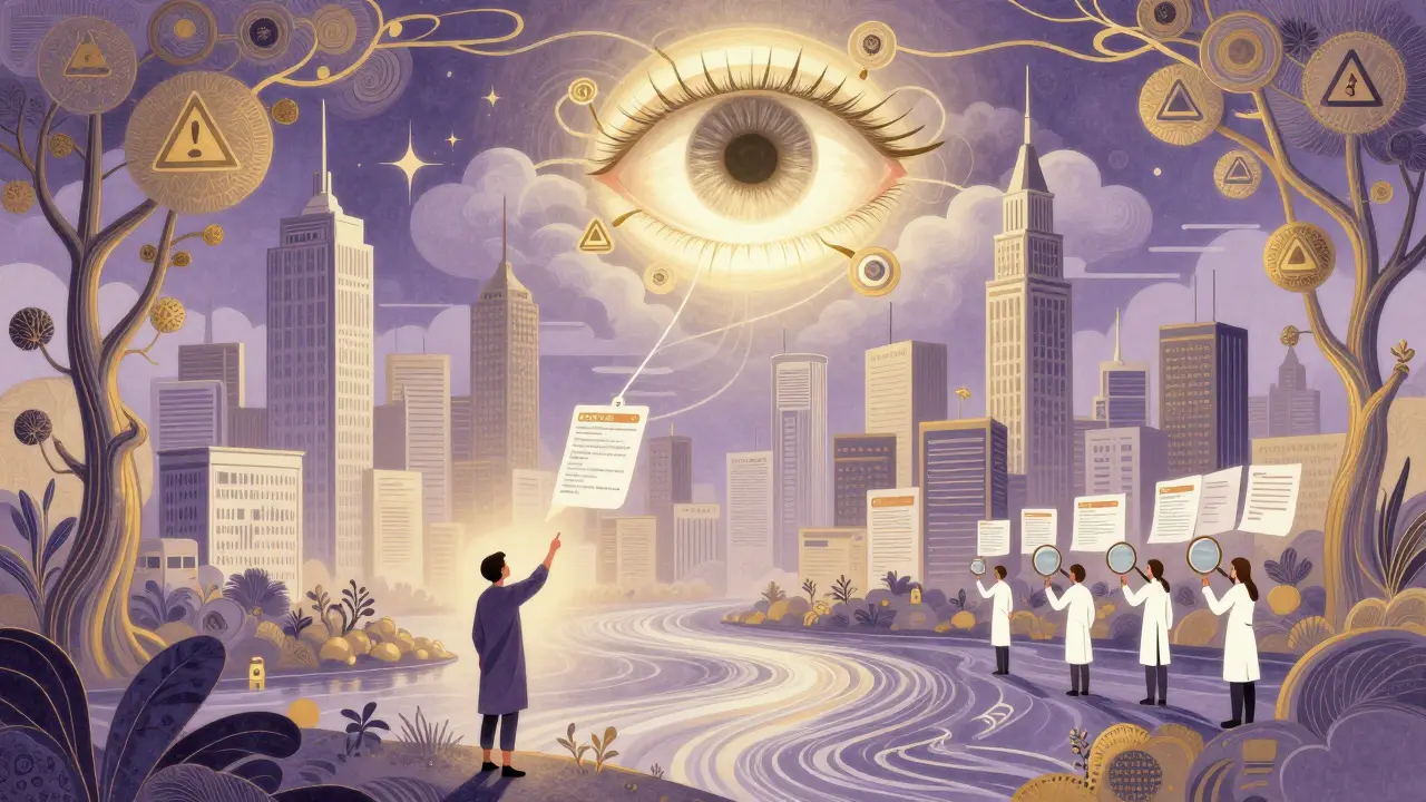 Cityscape of drug labels with glowing FAERS eye and data streams in Art Nouveau illustration.