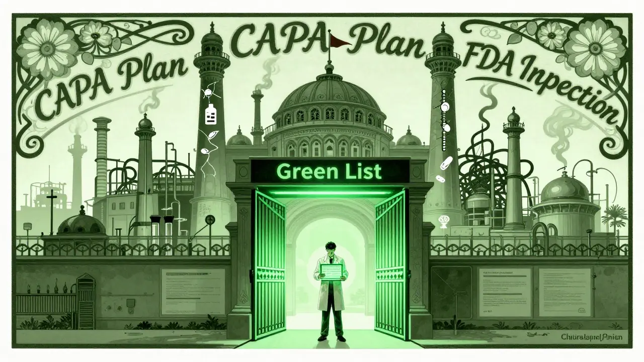 Indian factory with failing compliance symbols beside a glowing Green List gate, worker holding a blockchain ledger