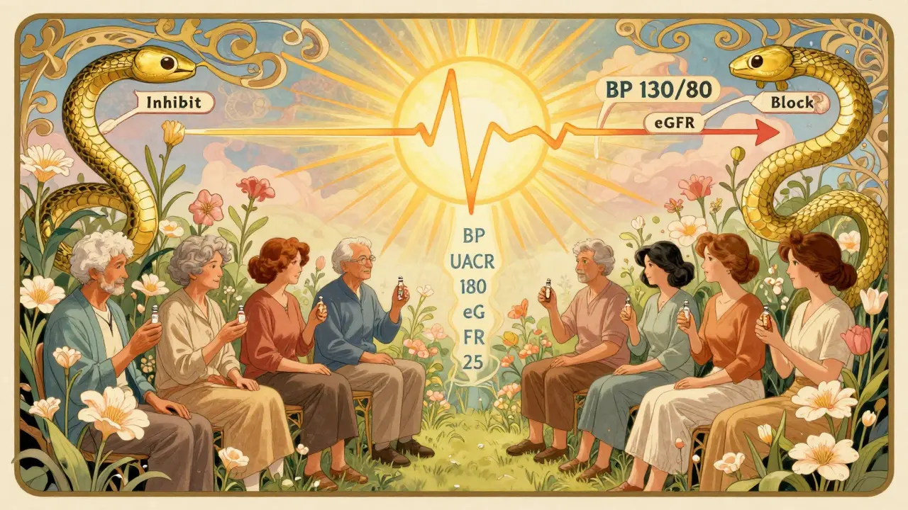 Patients in a kidney flower garden receive protective rays from a sun shaped like a heartbeat monitor, with numbers falling around them.