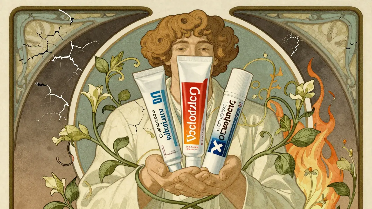 Pharmacist holding safe topical pain relievers surrounded by protective vines, fading risky products in background.
