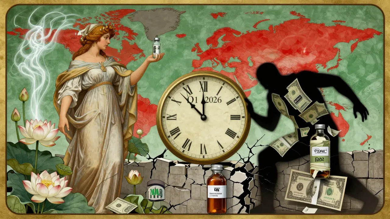 Pharmacist with pure medicine vs. shadowy counterfeit figure, clock ticking to 2026, global map in background