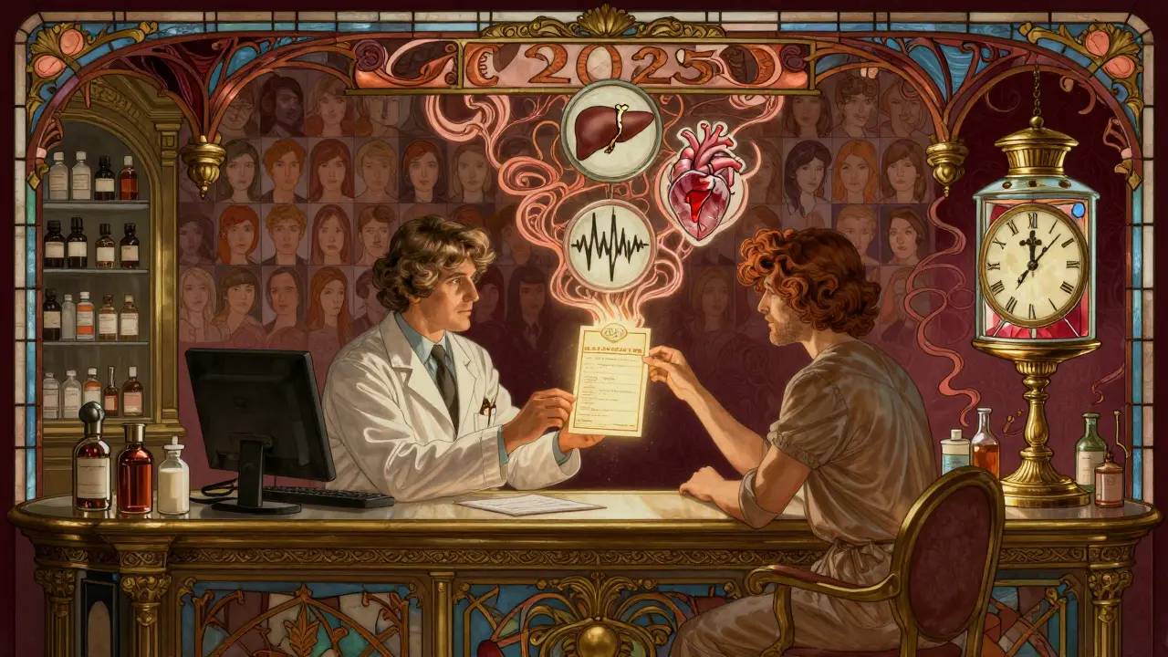 Pharmacy scene with glowing prescription label projecting rare side effects in ornate Art Nouveau style.