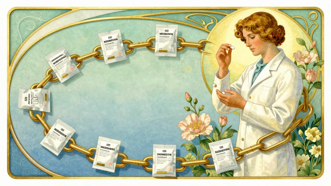 Secure drug supply chain with golden links and flowers.