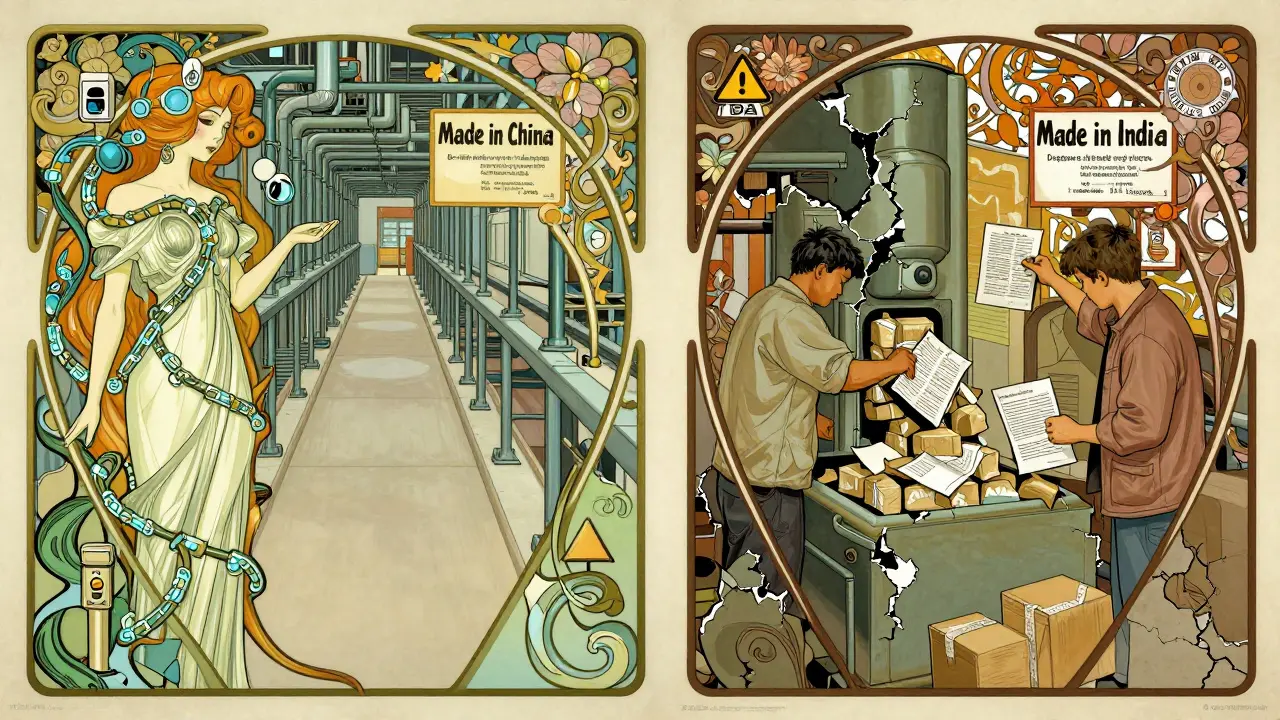 Two factory scenes side by side: one advanced and elegant, the other crumbling with fraud — illustrating the divide in global manufacturing quality.