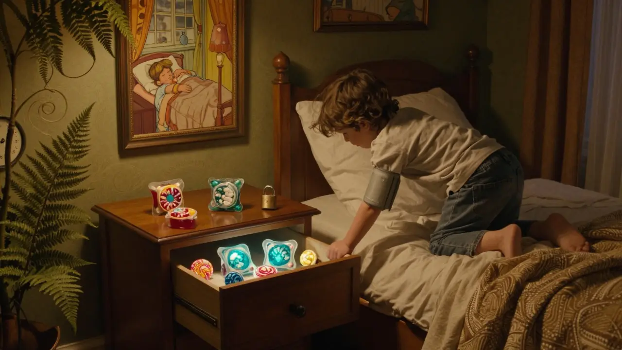 A child climbing onto a bed to open a nightstand drawer containing pills and laundry pods in a grandparent's home.
