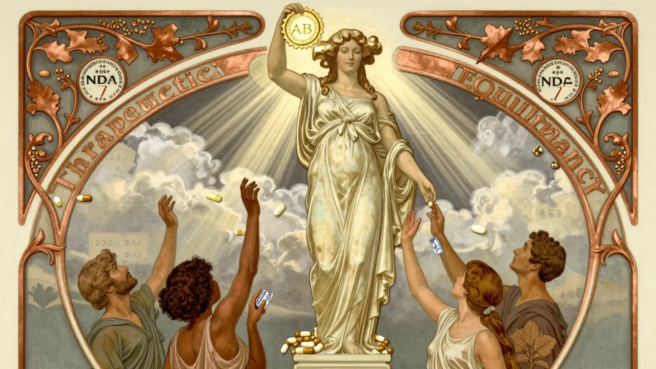 A female figure holding an AB seal above patients receiving pills, surrounded by chemical structures and regulatory symbols.