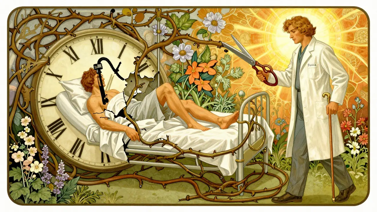 A fractured clock turning into hospital and fall imagery, with a pharmacist cutting toxic medication vines using FORTA-shaped shears.