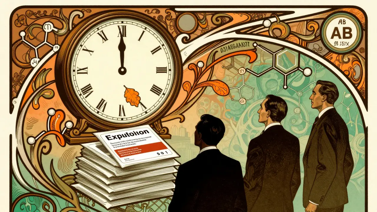 A midnight clock with a patent expiration stamp falling onto generic drug packages, watched by shadowy manufacturers.