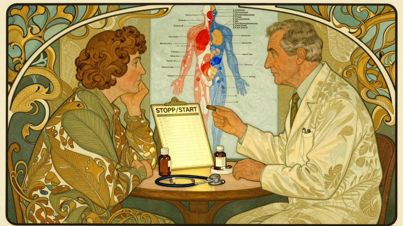 A pharmacist reviewing medications with an older patient, surrounded by a glowing STOPP/START checklist and fading health risks.
