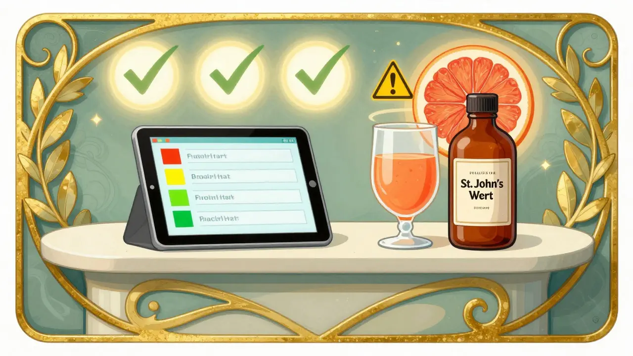 A pharmacy counter with color-coded drug interaction report, grapefruit juice, and St. John’s Wort illustrated with warning halos in Art Nouveau style.