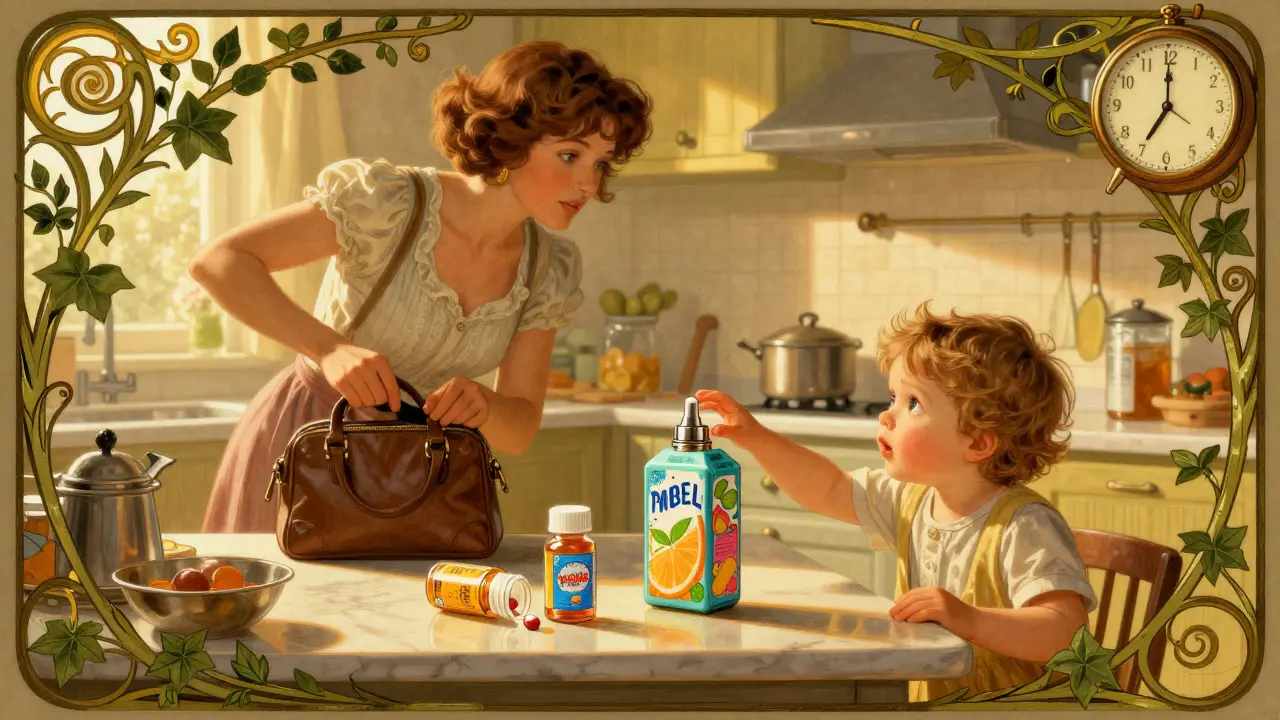 A toddler reaching toward a colorful nicotine refill bottle left on a kitchen counter during a busy morning.