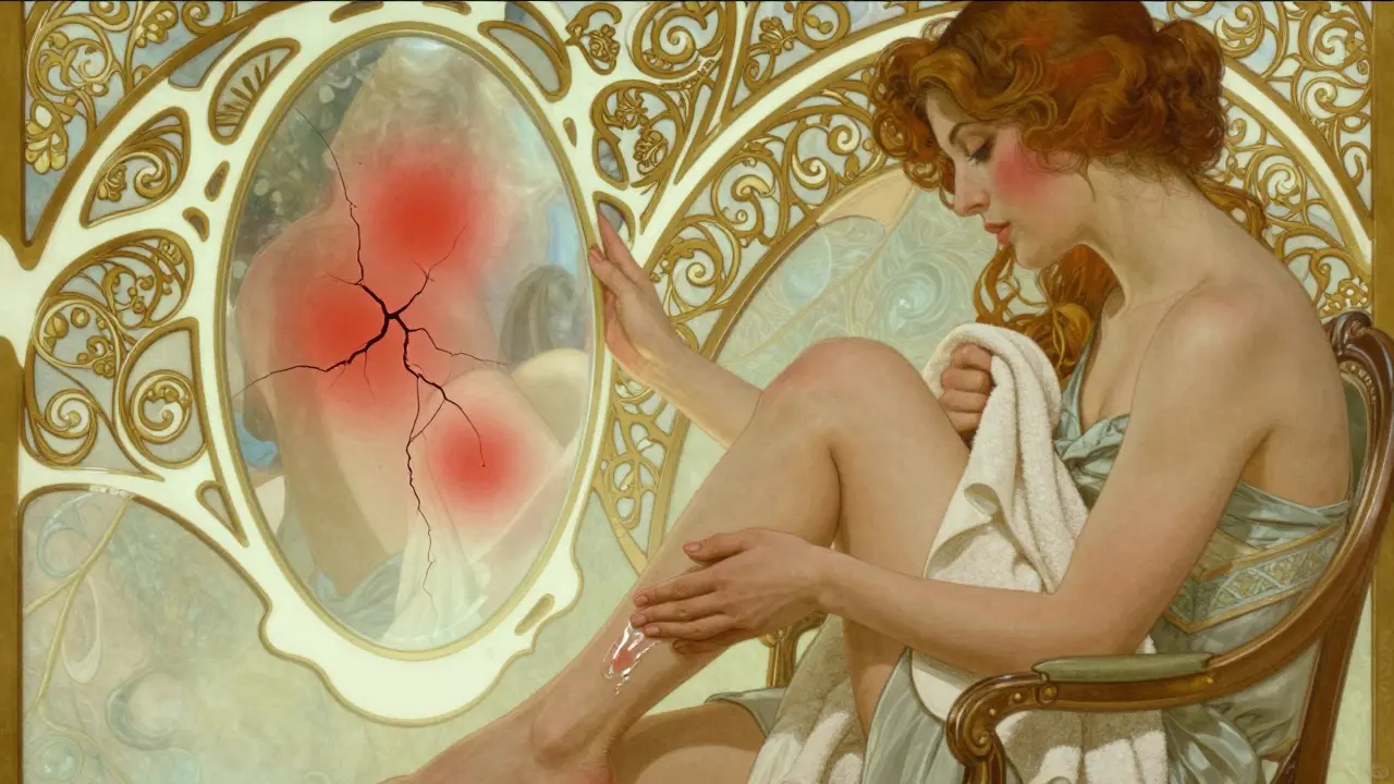 A woman moisturizing her heel while an abstract mirror reveals early warning signs as golden decorative patterns.