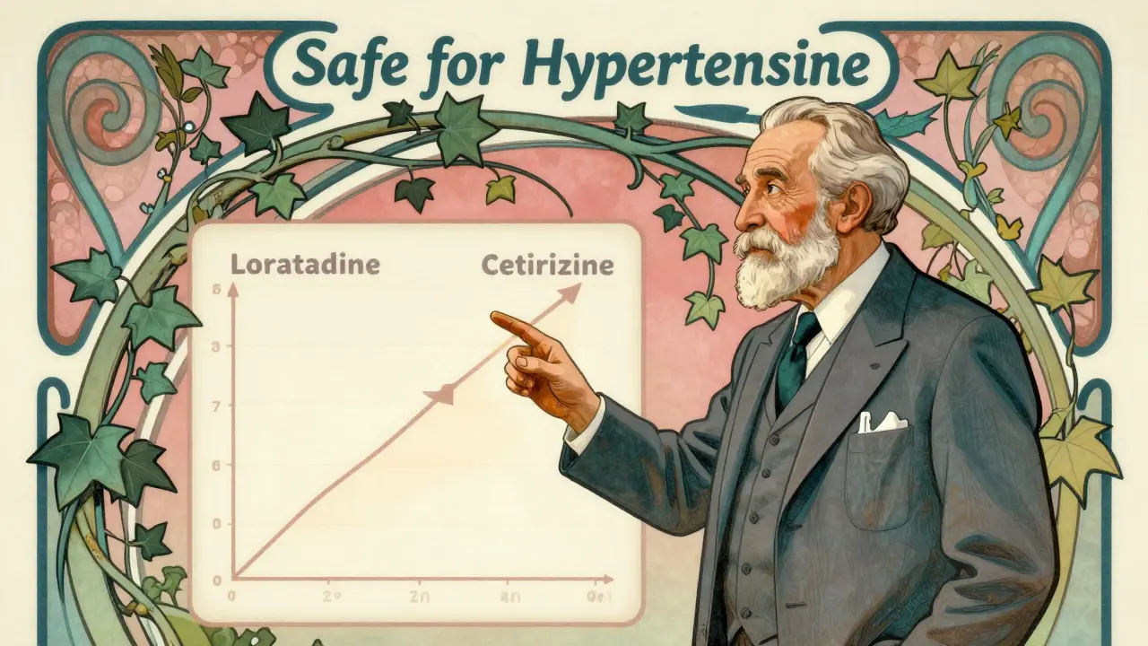 An elderly doctor pointing to a chart showing blood pressure effects of different antihistamines, framed by protective vines.
