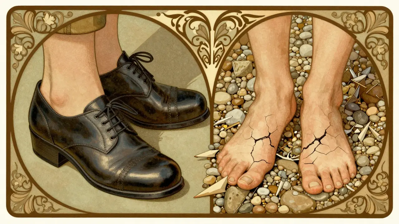 Comparison of safe therapeutic footwear versus bare feet stepping on hazards, framed by ornate floral borders.